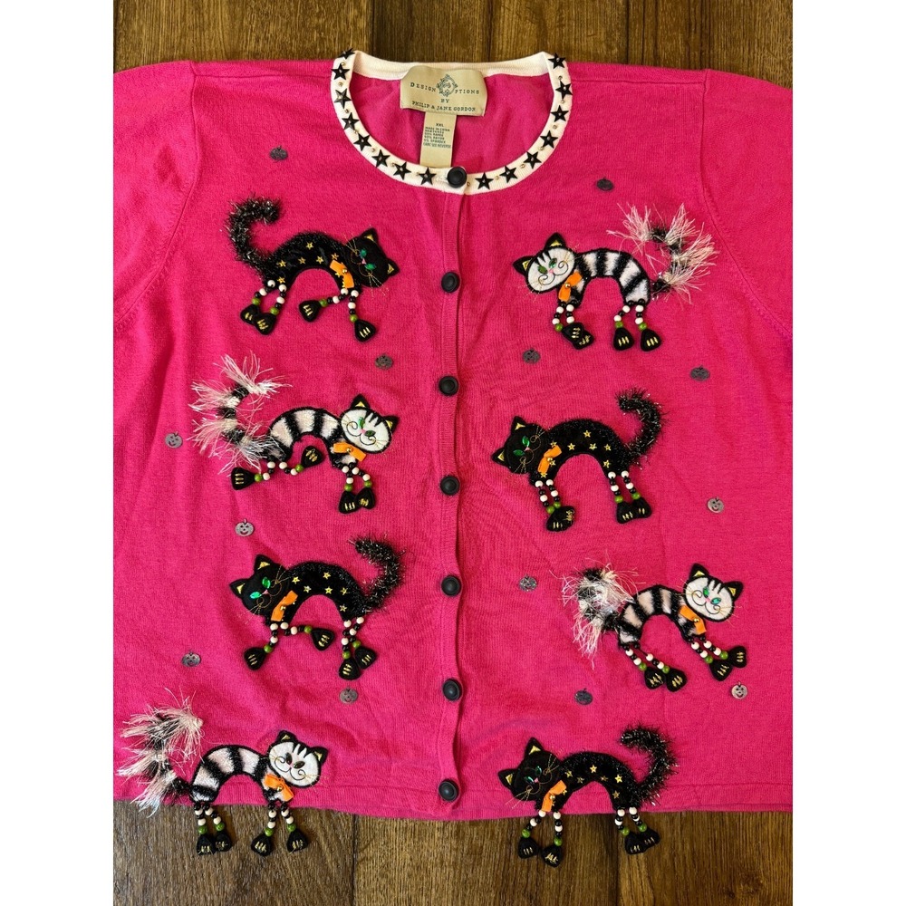VTG Design Options Cardigan‎ Sweater Womens XXL 2X Cat Whimsical Witchy Y2K Pink